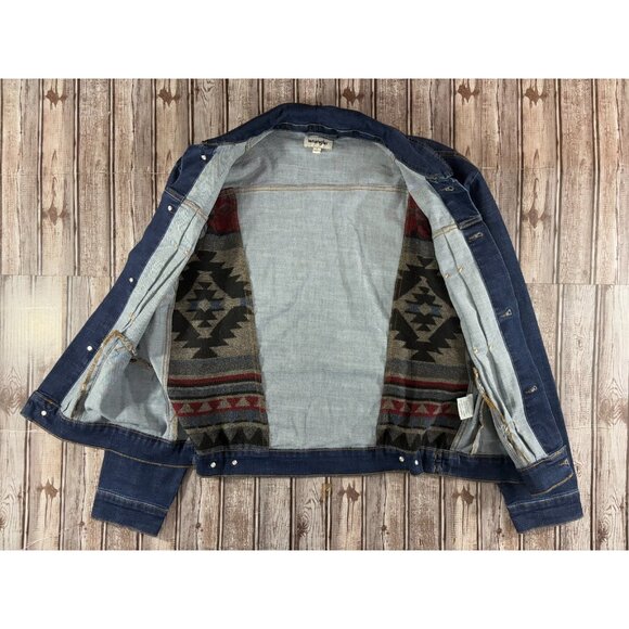 Wrangler aztec panels Pleated Denim Jacket sz L color blue multi Vintage - Picture 6 of 9